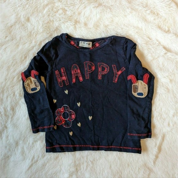NEXT "Happy" Plaid Applique Puppy Flower Elbow Patches Navy Blue Red LS Top 3-4 - Picture 1 of 6